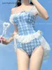 女性用水着夏のドーパミンガールカラーマッチ格子縞のワンピース水着女性日本の甘いかわいいレースバススーツセクシー