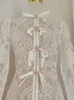 Casual Dresses Mesh Brodered Bow Tie Pärled för kvinnor långärmad rund nacke hög midja elegant klänning kvinnlig klädning 3WQ9320