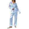 Vêtements de nuit pour femmes xingqing satin pyjamas ensemble pour les femmes couleurs solides à manches longues à manches longues et pantalon avec décoration de plumes