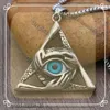 Retro All Seeing Designer Eye Pendant Necklace Punk Three-handed Embrace Triangle Evil Eye Necklace 14K White Gold Men Jewelry Gift Japanese and Korean Style 621