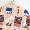 Damenjacken Kurzgeschwindige gedruckte Jacke offen vorderen V-Ausschnitt-Schalkragen Drop Schulter Vintage Outwear Blumenpuffer