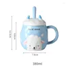 Mugs Ceramic Cartoon Coffee Mug With Lid And Spoon Set Cute Breakfast Milk Office Drinking Water Cup Teacups Drinkware 380ML