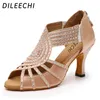 Dance Shoes Dileechi Kvinnors latin Beige Satin Rhinestone Party Ballroom Dancing Salsa Zipper Heel 8cm Skin Soft Outrole