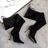 Laarzen dames zwart veterschoenen boven de knieschoenen voor vrouwen puntige teen met veters dij high chic en elegante pu 39