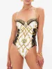 Ställ in Courtl Vintage Gold Print Onepiece Bikini Badkläder Kostym Sexig Fashion Slim Fit Swimsuit med långa byxor Beach Holiday 2024