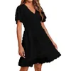 Casual Dresses Women's V Neck Smocked Short Sleeve Dress Dot Swing Flowy Ruffle Hem Beach Summer Vestidos Verano Moda 2024