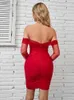 Robes décontractées robe rouge de femme sexy une ligne couche tulle manches longues arcs creux design bodycone backless mini-soirée vestidos