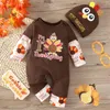 Kläderuppsättningar Thanksgiving Toddler Girls Boys Long Sleeve Turkiet Print Crawler Hat Set för 0 till 12 månaders juniorbyxor
