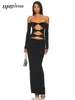 Casual Dresses Exy Women's Maxi One Line Neck Shoulder Clip Long Sleeve Bodycon Hollow Bead Design Dress Evening Party Vestidos