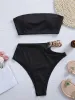 Set Peachtan Solid Bikinis Set 2023 Hochtaille Bandeau Frauen Badeanzug Kette Bikini Hollow -out Badekleidung neuer gerippter Badeanzug