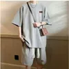 Mens Summer Waffle Two Piece Set Short Sleeve Tshirt and Loose Shorts Set Student Sports Fashion Suit 240420