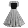 L Womens Hepburn Square Collar Kort ärm stor svängpolka dot retro klänning