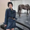 Casual jurken Gkyocq American Retro Denim Dress Fashion Mode lange mouw reverskraag taille afslank gewassen blauw bodycon mini Korean