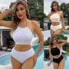 New Split High Waist Wave Stripe Solid Bikini Swimsuit Bikin