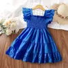 Robes de fille Summer Little Girls Lace Ruffles Sleeves 2024 Holiday Casual Robe Princess Birthday Party Blue Robe 2 à 6 ans Vêtements pour enfants