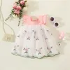 Vestidos de menina meninas vestido de verão bebê menina cheia de pequenas flores bordadas em malha bordada emendas pequenas mangas voadoras vestido de princesa de topo