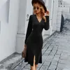 Casual jurken herfst sexy rug breasted maxi jurk voor vrouwen lange mouw v-neck split streetwear vest-shirt gewaad