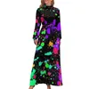 Casual Dresses Blue Neon Paint Dress High Neck Abstract Liquid Custom Bohemia Long Sleeve Stylish Maxi Cute Vestidos