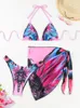 Moda de banho feminina Sexy Butterfly Butterfly Print Bikini Conjunto 2024 Mulheres Halter Push Up Mesh Salia 3 peças Terno de banho de traje de banho Férias