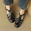 Casual schoenen Ochanmeb Retro Natural Lederen Sandalen voor vrouwen Handgemaakte T-STRAP Buckle Lage hakken Weef Cutout Sandal Woman 34-41