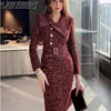 Casual Dresses High-Grade Elegant Retro Tweed Dress Women Asymmetric Large Lapel Slimming Woolen Plaid Lady Autumn Winter Commuter