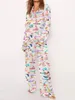 Women Bow Stamping 2 pezzi Y2K Satin Silk Outfits Outfit Piajamas Set di pantaloni a bottone a manica lunga set di pantaloni da camicia set da San Valentino 240426