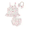 Clothing Sets Infant Baby Girl Summer Clothes Cotton Linen Floral Sleeveless Ruffle Tank Tops Shorts Headband 3Pcs Outfits Set