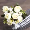 Dekorativa blommor 1Bunch 10heads Artificial Camellia Bouquet Silk Peony Tea Rose With Leaf For Home Wedding Decor Brud Flower Fake