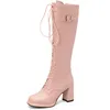 Boots Pink Knee High Women 2024 Autumn Winter Female Block Heels Red Black Lace-up Riding Shoes Large Size