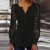 Dantel Uzun Kollu Pileli Bluz Kadın Seksi V Boyun Boyalı Dış Düğme Tişörtleri Lady Bahar Sonbahar Giysileri Üstler 240416