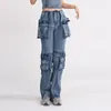 Damesjeans en voor 2024 Spring Fashionable Design met patchwork -zakken hoge taille rechte been broek vrouw