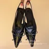Casual Shoes Fashion Bowties Kitten klackar Sandaler Pointy Toe Mule Slingbacks Sexig för kvinnor svart läder