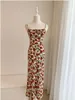 Casual Dresses Women Rose Flower Printed Diagonal Cut Strapless Slim Silk Slip Midi Dress