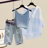 Zomer geperforeerde jeans shorts hangend vest geruit geplukte chiffon shirt driedelige set elegante damesbroek set 240423