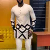 African Traditional Men Suit Printed Shirt Top Elastic Waist Pants White Wedding 2 Piece Set Outfits Ethnic Style Costumes 240419