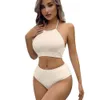 New Split High Waist Wave Stripe Solid Bikini Swimsuit Bikin