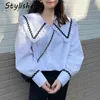 Blouses femininas Retro Marinha de colarinho feminino estilo Camisa doce Coreana Manga de bolha Blusa branca Mangas longas Spring outono