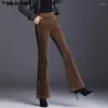 Women's Pants Spring Autumn Bell-Bottomed Pantalones Office Lady Slim Corduroy Warm Vintage High Waist Flare Pant Women Skinny Trousers