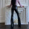 Calça feminina cor sólida de couro puil pux 2024 calça de inverno moda a cintura alta queimada