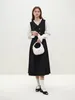 Casual Dresses FSLE V-Neck Patchwork Design Women Long Black Office Lady 2024 Winter Twill Thicken Mid-Length Dress