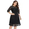 Casual Dresses Women Plus Size Dress O-Neck 3/4 Sleeve Hollow spetsstitching Elegant Party Summer Streetwear Vestido Feminino