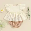 Clothing Sets Baby Girl Vacation Outfits Set Short Sleeve Lace Flower Tops Ruffled Hem Elastic Waist Velvet Bloomer Shorts Beach Boho