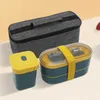 Bento Boxen Neue Doppelschichtgesunde Material Lunchbox mit Gabel- und Löffel Mikrowellen-Besteck Set Food Storage Container Q240427