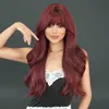 Synthetic Wigs 7JHH wig Womens long and loose wave wine red daily use of high-density synthetic layer dark hair with Neat Bangs Q240427