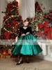Girl Dresses Vintage Velvet Girl's Prom V-neck Tea Length Emerald Green Kids Christmas Party Gown Bow Flower Pageant Dress