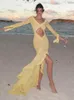Swobodne sukienki eleganckie puste wyczerpanie się przez kobiety seksowne długie rękawy solidne maxi sukienka 2024 wiosenne wakacje na plaży