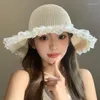 Berets Korean Pearl Lace Trimmed Straw Sun Hat Summer Seaside Beach Vacation Protection Big Brim Sweet Versatile Women's Caps