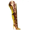 Boots Over The Knee Metallic Stiletto Golden Color Pointy Toe Thin High Heels Casual Stone-Pattern Glossy Size 44