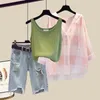 Zomer geperforeerde jeans shorts hangend vest geruit geplukte chiffon shirt driedelige set elegante damesbroek set 240423