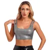 Frauen Tanks Frauen Metallic Shiny Crop Top ärmellose Doppelgurte Schlanke Fit Tank Weste Halloween Party Clubwear Summer Night Club Y2K